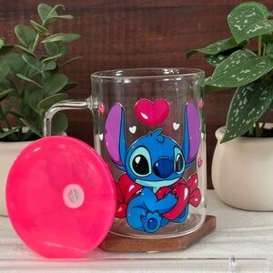 Stitch Valentines Day Glass Mug with Pink Lid & Straw